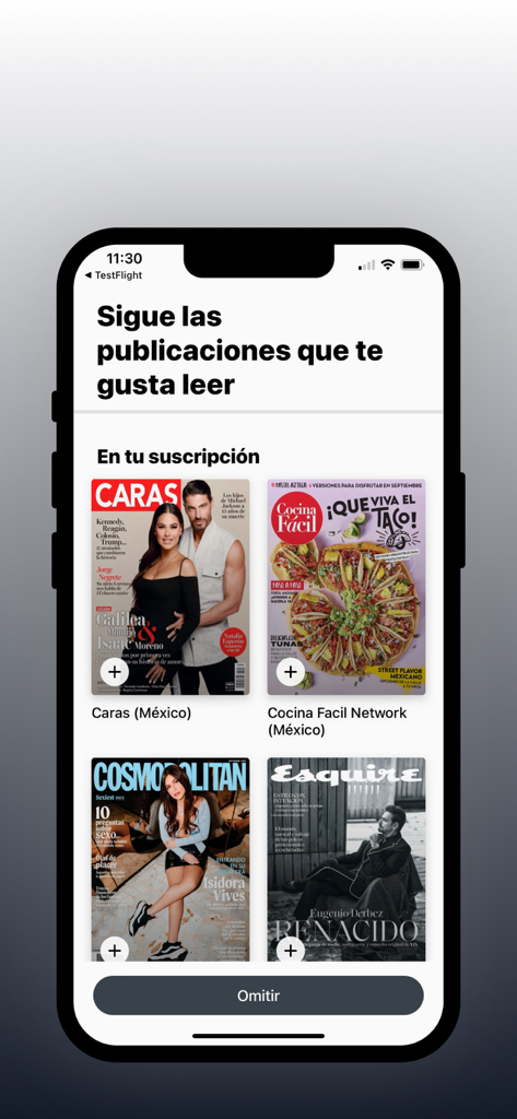 Editorial Televisa - Editorial Televisa app interface showing a selection of Spanish language magazines including Caras and Esquire