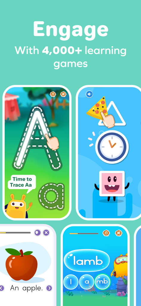 Four screens showing interactive educational activities for kids including letter tracing and word building games