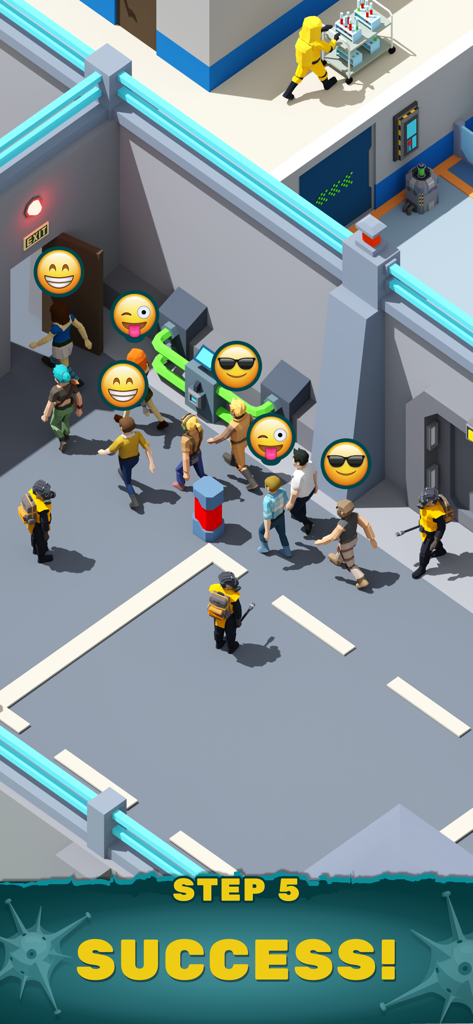 Draufsicht auf geheilte Patienten mit glücklichen Emojis, die durch eine moderne Krankenhausanlage in Idle Zombie Hospital Tycoon gehen.