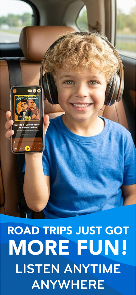 Godly Kids: Bible app for kids - A smiling boy in a car wearing headphones and holding a smartphone showing a Bible story audio lesson from the Godly Kids app.