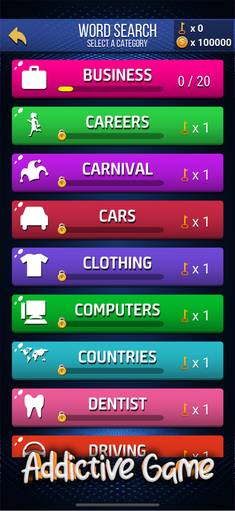 Category selection menu for the Wow Search word puzzle game showing various themes