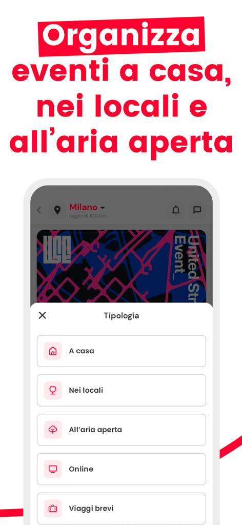 Interface der comehome App mit Optionen zur Organisation sozialer Events zu Hause, in Locations oder im Freien
