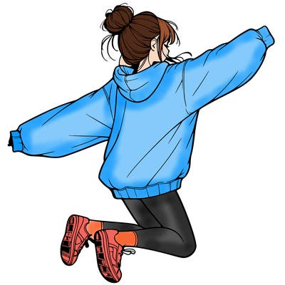realistic girl jumping with a bun and oversized sweatshirt