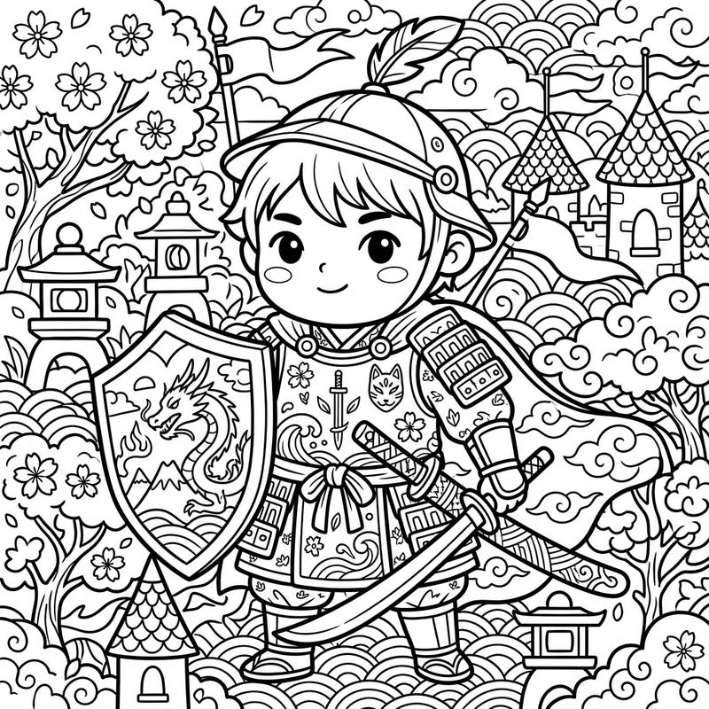 Embark on a charming coloring journey with this unique Kawaii Squire design, perfectly blending historical fantasy with adorable Japanese-inspired art. This intricate adult coloring page promises hours of mindful relaxation and creative expression.