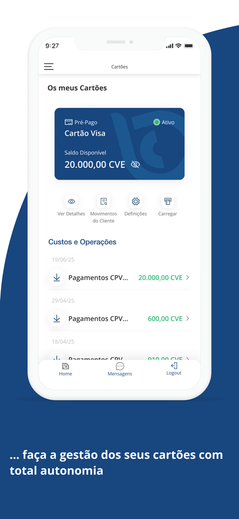 BCADirecto mobile app screen showing a Visa card with balance in Cape Verdean Escudo and recent transaction history.