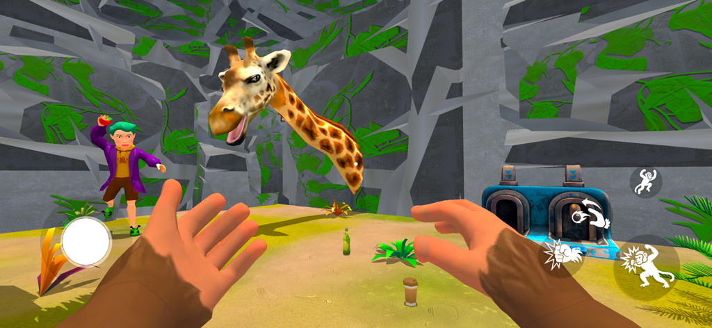Zoo Monkey Life Simulator - Vue à la première personne d'un singe interagissant avec une girafe dans un enclos de zoo
