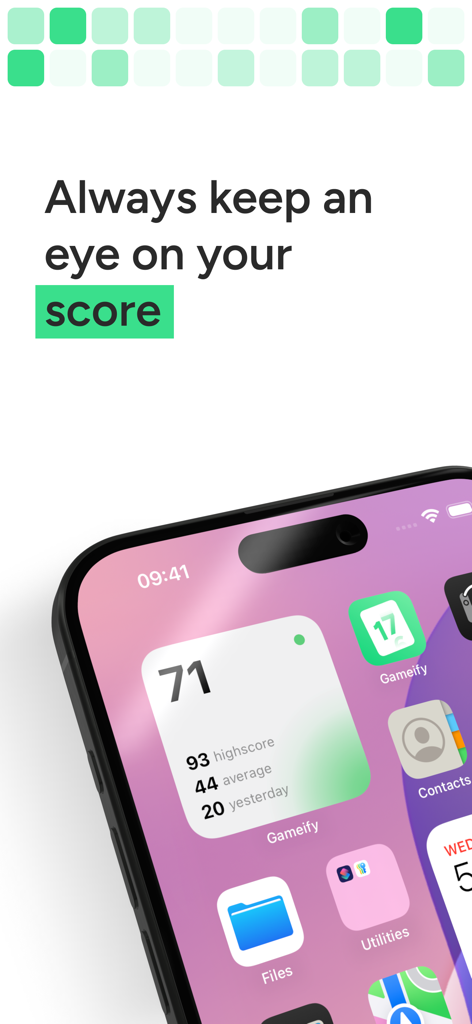 Gameify: Turn Life into a Game - Widget do aplicativo Gameify na tela inicial de um iPhone exibindo uma pontuação de produtividade e estatísticas de rastreamento de hábitos.