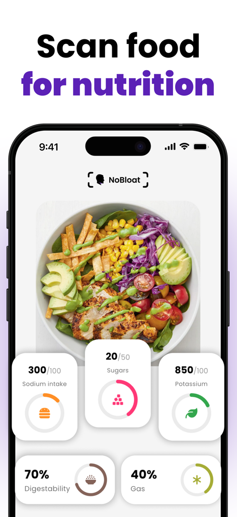 NoBloat: Face Depuff AI - A mobile app interface scanning a salad to analyze sodium and sugar levels for facial bloating management.