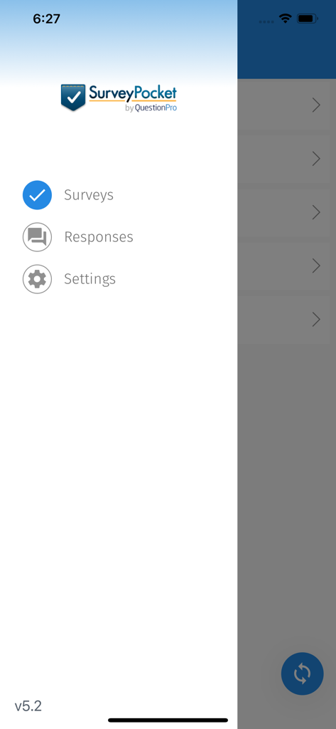 SurveyPocket - Offline Surveys - Sidebar navigation menu of the SurveyPocket offline survey app featuring options for Surveys Responses and Settings