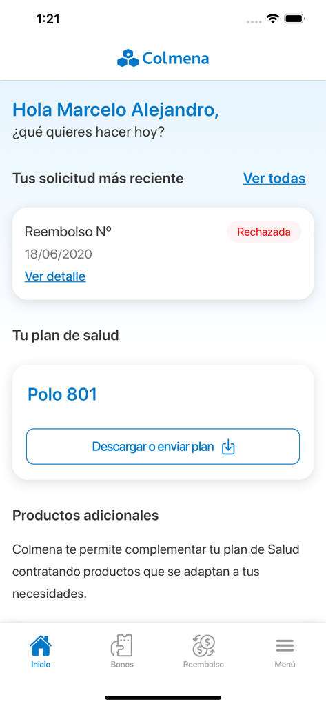 User dashboard of the Colmena health insurance app displaying medical refund status and health plan details