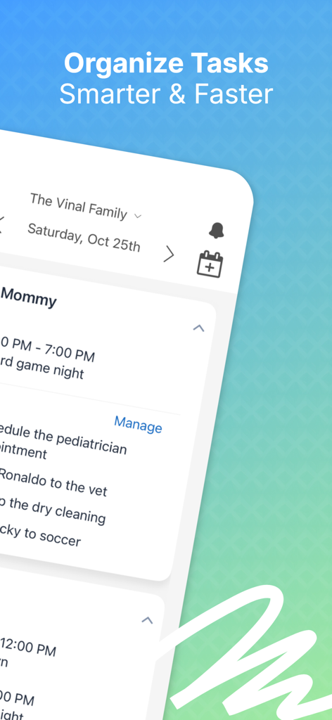 A mobile interface of the Podz app showing a family task list for organizing daily schedules and household duties