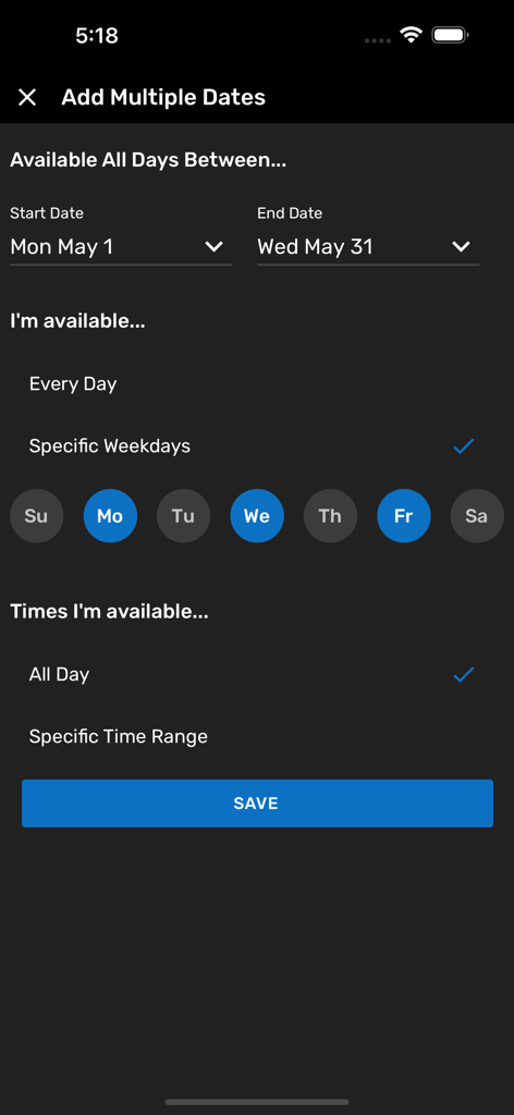 Assignr app interface for setting referee availability across multiple dates