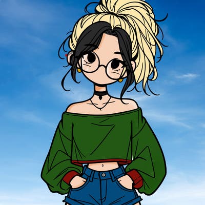 girl with a messy ponytail glasses a baggy crop top and jean shorts