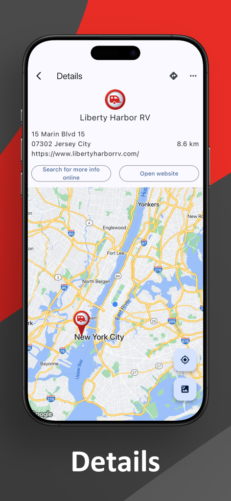 Campsite and Caravan Park - 앱에서 지도 및 길 안내 옵션이 있는 RV 파크 위치의 상세 보기