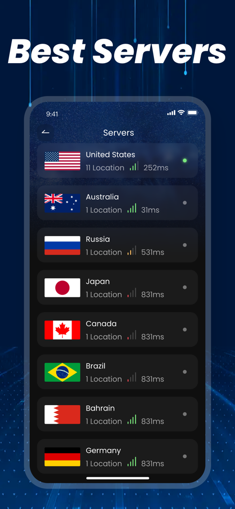 Go VPN app interface showing a list of global server locations with latency indicators.