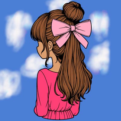 realistic girl  with hip length hair a bun and a big bow on the back of head