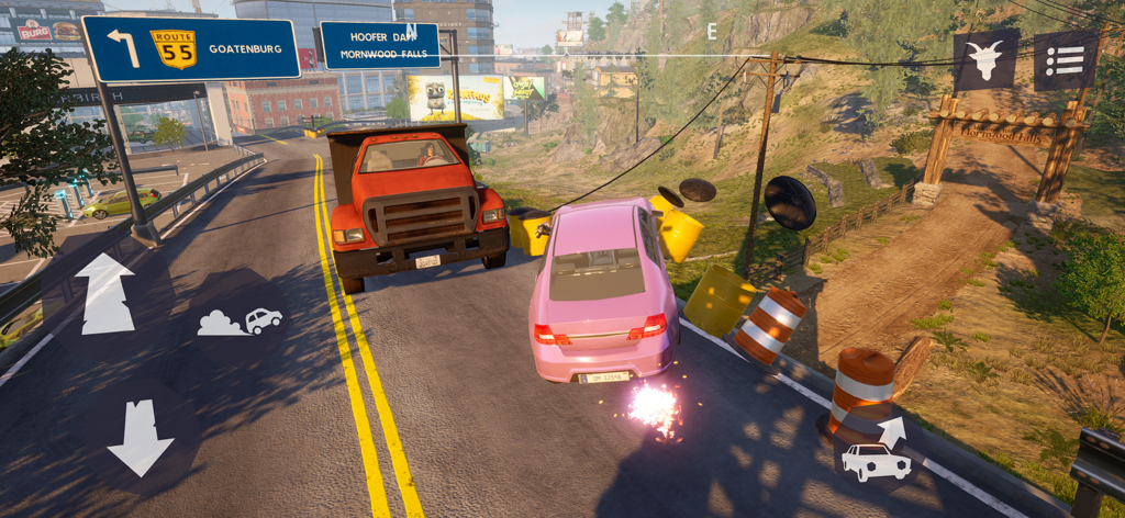 Goat Simulator 3 - Gameplay of a pink car crashing through traffic barrels on a road in Goat Simulator 3.