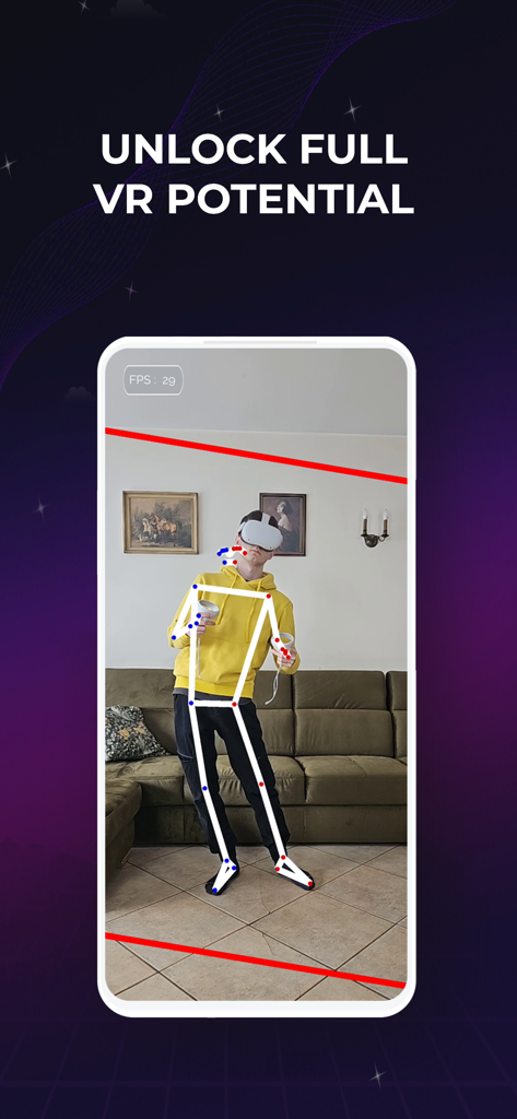 Driver4VR: Full Body Tracking - Smartphone screen showing real-time full body skeletal tracking for VR