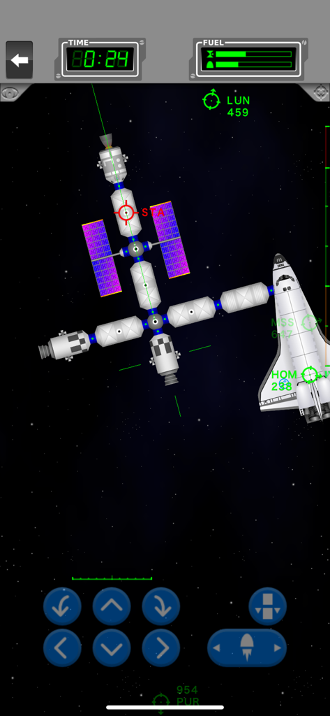 Space Agency - Space shuttle docking with an orbital space station in the Space Agency mobile game.