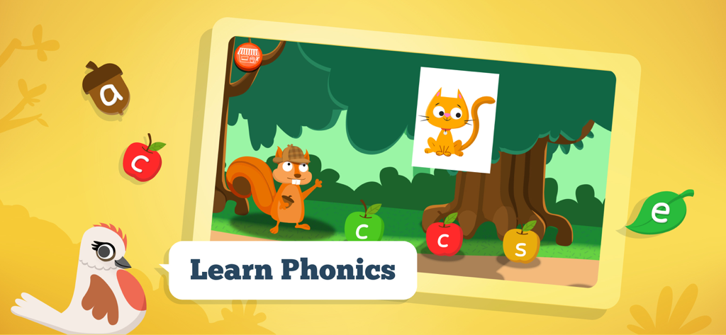 Captura de pantalla del juego de fonética de la aplicación Joy of Reading con un personaje de ardilla y letras