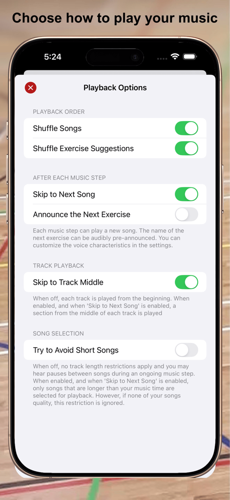 MC-Timer - MC-Timer app playback options menu showing music shuffle and track playback settings on an iPhone.