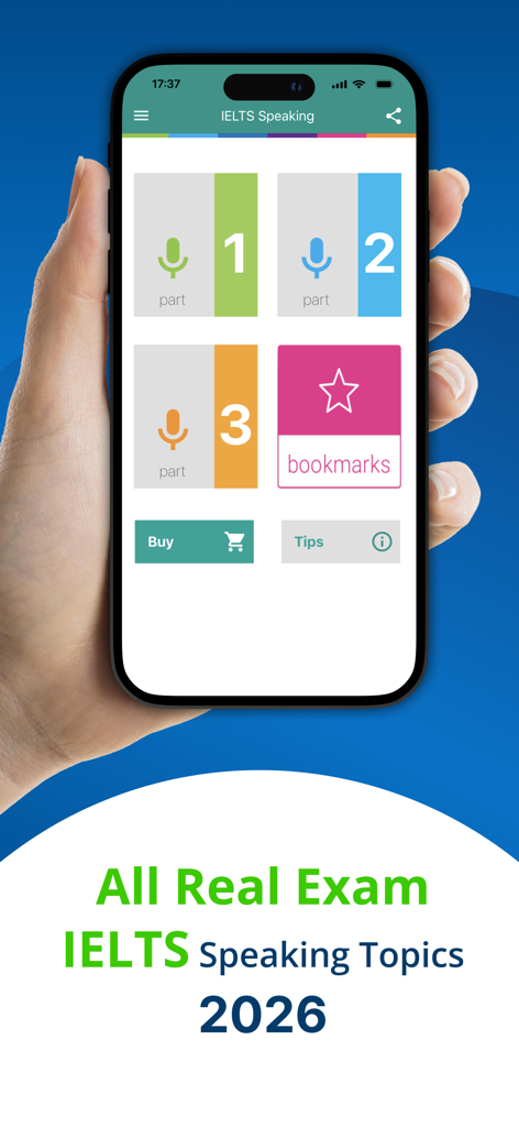 IELTS Speaking Assistant - IELTS Speaking Assistantモバイルアプリのホーム画面。パート1、2、3のボタンが表示され、「2026年すべてのIELTSスピーキング実際の試験トピック」というテキストが含まれている。