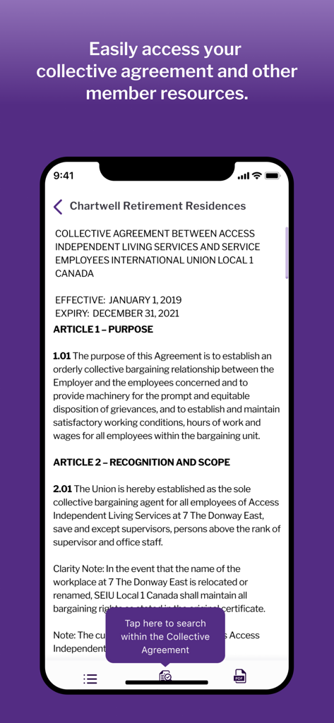 SEIU Healthcare - A mobile phone screen displaying a searchable collective agreement document for SEIU Healthcare members.