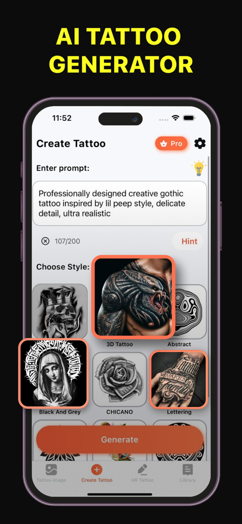AI Tattoo Generatorアプリのインターフェースに、ゴシックタトゥーのテキストプロンプトとさまざまな芸術スタイルの選択が表示されている