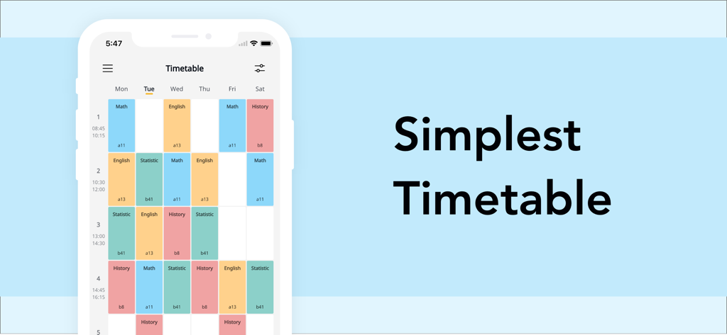 Simple Timetable・Simple & Cool - Una interfaz de aplicación de horario semanal limpia y simple para estudiantes con clases codificadas por colores