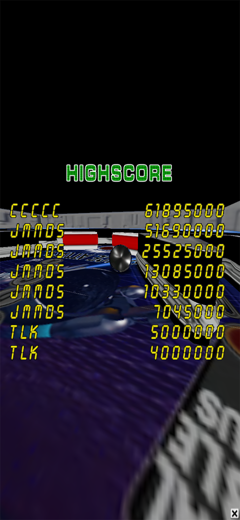 3D Pinball Space Attack - Pantalla de la tabla de clasificación de puntuaciones más altas en 3D Pinball Space Attack con iniciales y puntuaciones de estilo arcade