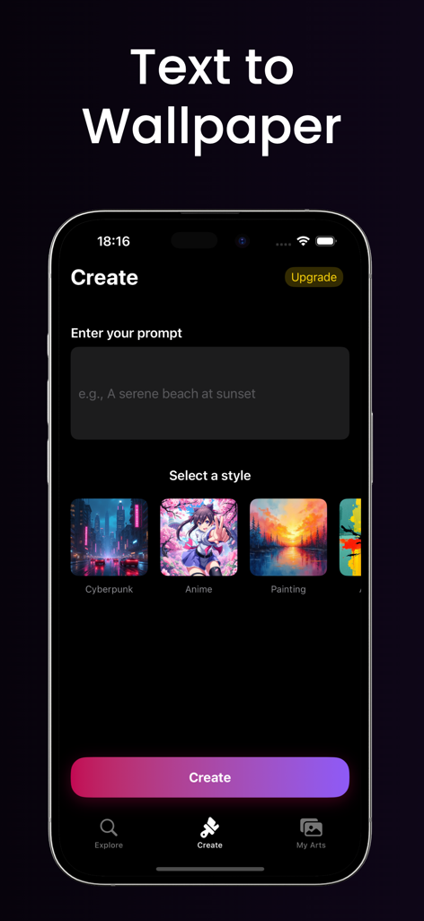 Art AI: Wallpaper Generator - Interfaz para generar fondos de pantalla de IA a partir de indicaciones de texto con varios estilos de arte