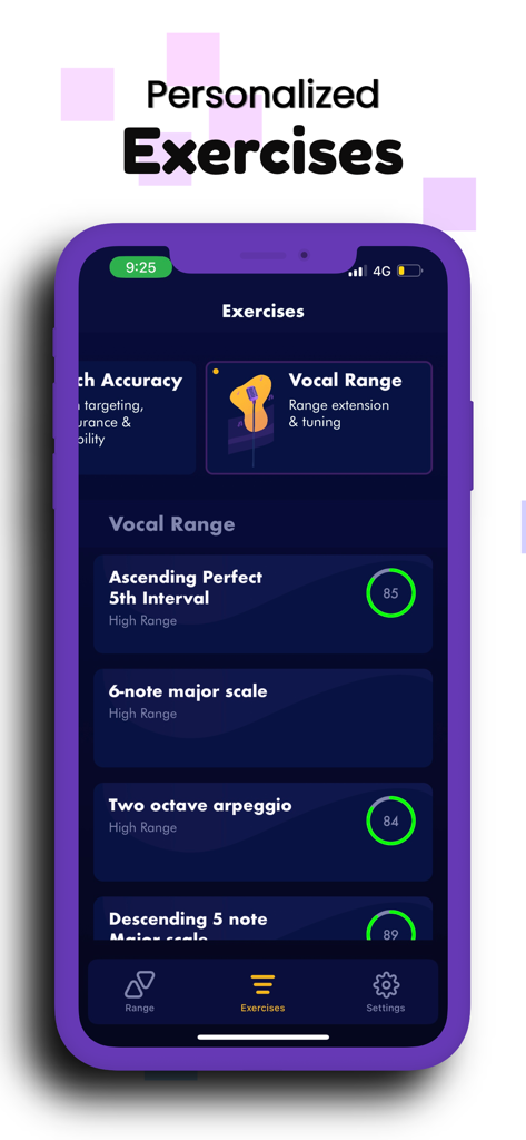 Vocal Range Finder - Sing Whiz - Sing Whiz app screen showing personalized singing exercises with progress tracking circles