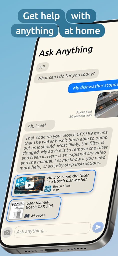 Homer: The Home Management App - Assistente AI dell'app Homer che fornisce consigli per la riparazione della lavastoviglie e link a manuali utente tramite un'interfaccia di chat.