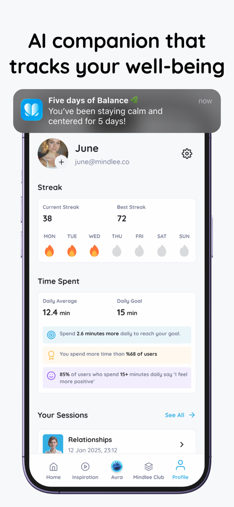 AI Mental Assistant: mindlee - Mindlee app interface showing user streaks and daily mental health progress