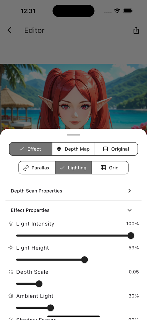 Interface of Live 3D Photo Animator app showing lighting adjustment controls for a 3D animated photo