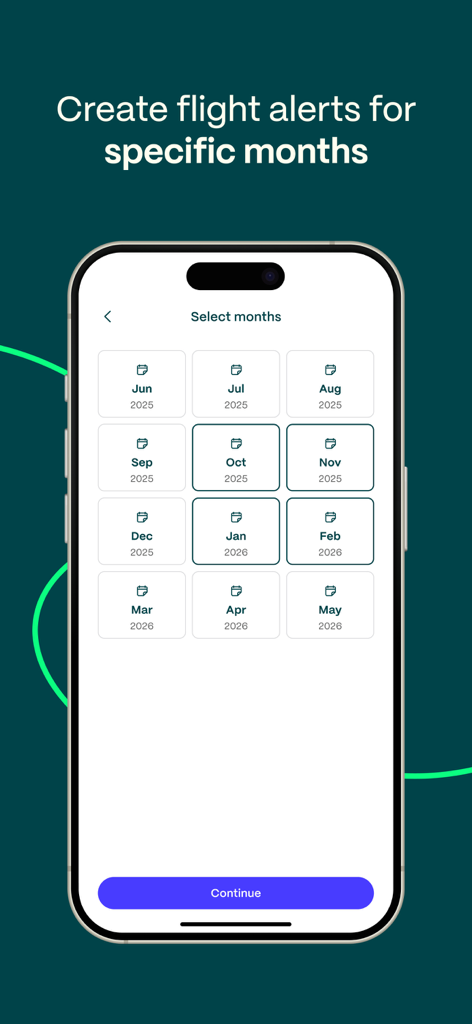 Going app screen for selecting specific months to receive flight deal alerts.