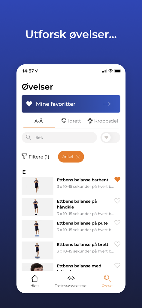 Skadefri - List of ankle balance exercises within the Skadefri mobile app interface