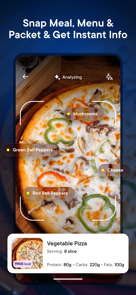 Xeela: Train, Fuel, Transform - Xeela app interface showing an AI meal scanning feature identifying ingredients and nutritional data for a vegetable pizza