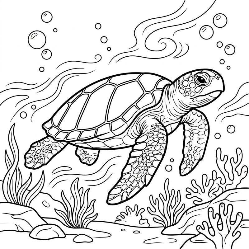 Embark on an exciting aquatic journey with this captivating Loggerhead Sea Turtle coloring page, showcasing a magnificent creature gliding through its ocean home. Designed specifically for young artists aged 4 to 8, this printable offers hours of creative fun and a chance to learn about marine life.