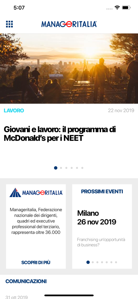 Schermata iniziale dell'app Manageritalia che mostra notizie di business ed eventi professionali