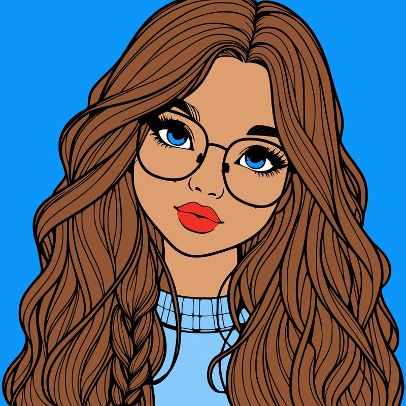 girl with long hair and freckles and glasses realistic