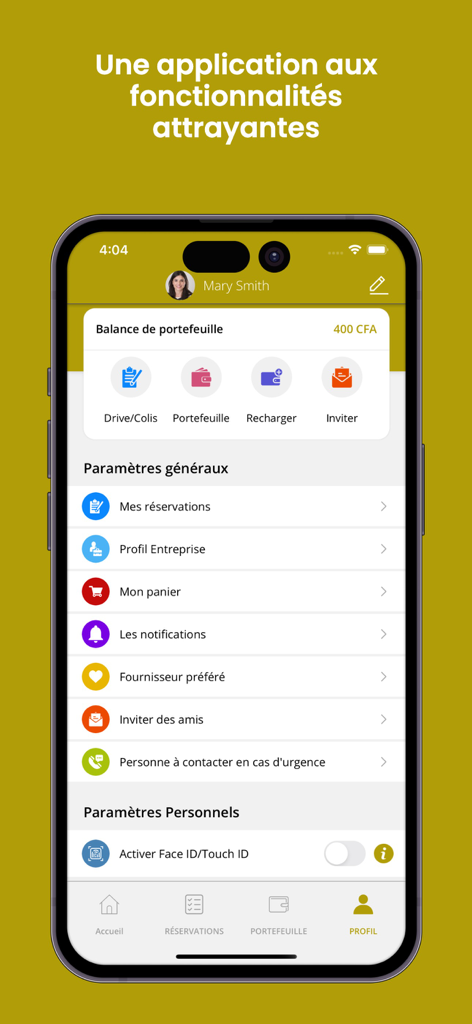 Okalm - The user profile interface of the Okalm super app showing the wallet balance, general settings, and personal account options on a smartphone.