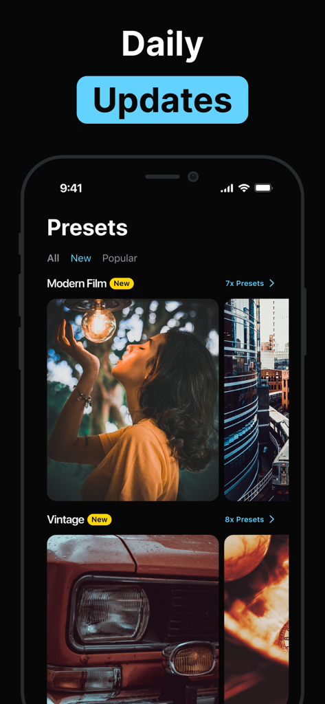 Presets for Lightroom Editor - モダンフィルムやビンテージなどのカテゴリを含む、Lightroomプリセットのモバイルアプリインターフェイス