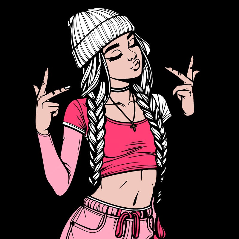 realistic teenage girl with braids and a beanie and crop top doing 🫶🏼