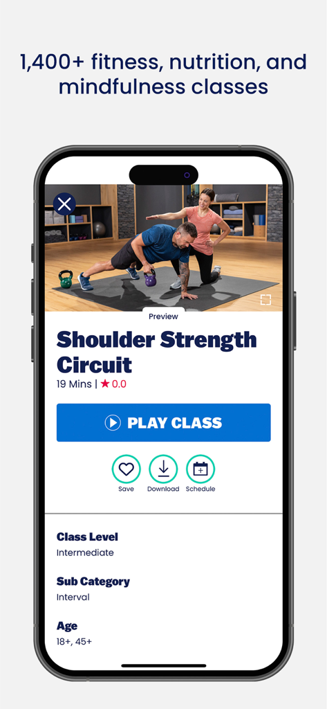 Wellbeats Wellness app showing a Shoulder Strength Circuit class with play and schedule options