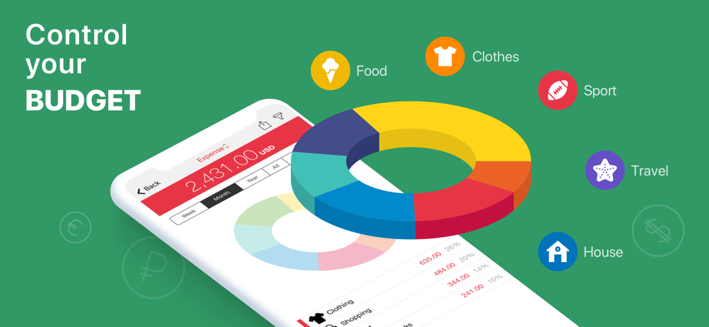 Cost Track: your Money Tracker - Mobile app dashboard displaying monthly expenses with a 3D donut chart and budget categories
