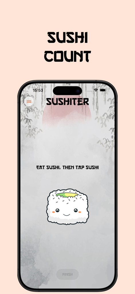The main interface of the Sushiter app showing a cute sushi roll character and a tap to count message