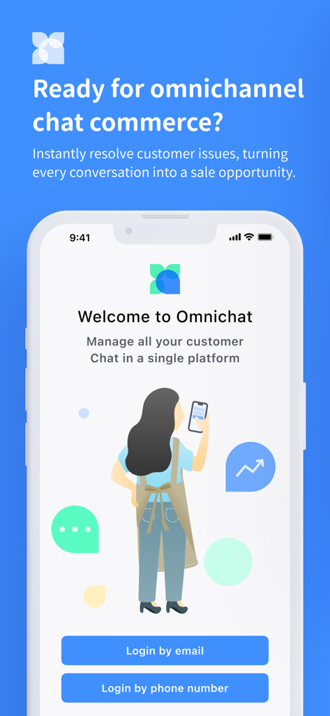 Omnichat - Tela de boas-vindas do aplicativo móvel Omnichat mostrando opções de login para comércio de chat omnichannel
