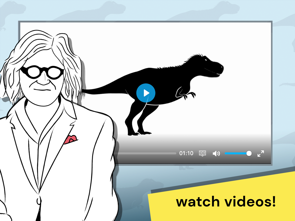 Educational video player in the OLogy app featuring a T-Rex silhouette and a scientist illustration.