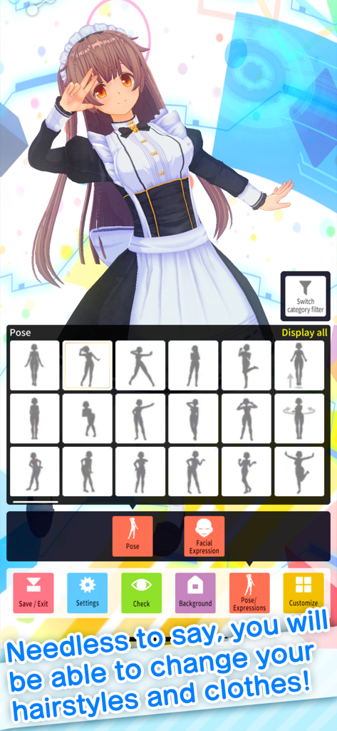 Custom Cast app interface showing a 3D anime character in a maid outfit with a menu of various pose options